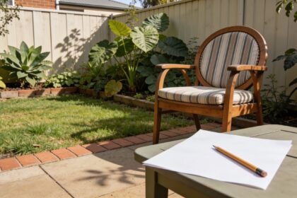 A small backyard with leaves, shadows, an outdoor chair and blank paper ready for a looking-only scavenger hunt.