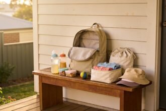 Shared park bag with drink bottles, snacks and separate clothing bundles for a toddler and an older child.