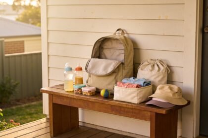 Shared park bag with drink bottles, snacks and separate clothing bundles for a toddler and an older child.