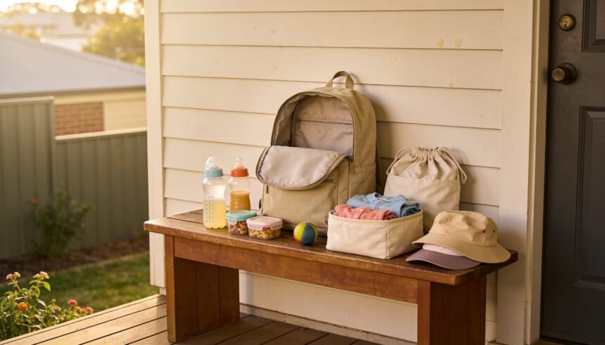 Shared park bag with drink bottles, snacks and separate clothing bundles for a toddler and an older child.