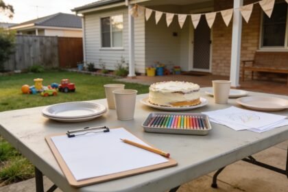 Backyard birthday table with a simple cake, drawing materials and a blank clipboard beside a lawn play area.