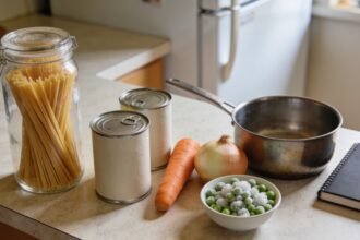 Pasta, plain tins and vegetables grouped beside a saucepan and notebook on a kitchen bench.