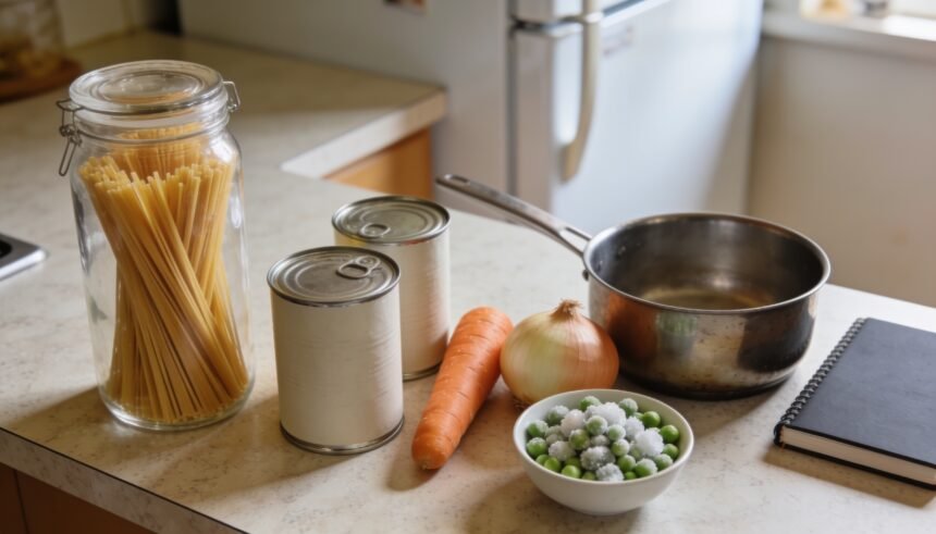 Pasta, plain tins and vegetables grouped beside a saucepan and notebook on a kitchen bench.