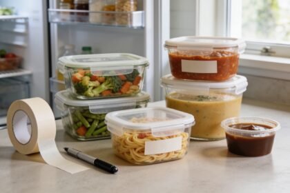 Cooked leftovers divided between fitted containers with separate sauce portions and blank labels on a kitchen bench.