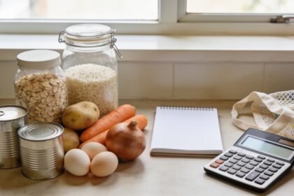Everyday ingredients beside a blank notebook, calculator and reusable grocery bag on a kitchen bench.