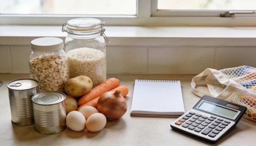 Everyday ingredients beside a blank notebook, calculator and reusable grocery bag on a kitchen bench.