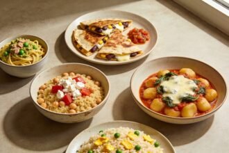 Five simple dinners: tuna pasta, bean quesadillas, chickpea couscous, tomato gnocchi and egg rice.