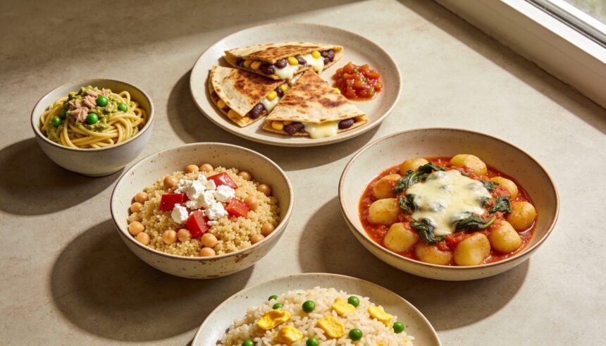 Five simple dinners: tuna pasta, bean quesadillas, chickpea couscous, tomato gnocchi and egg rice.