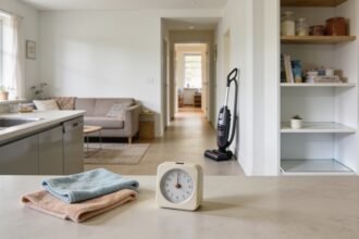 Kitchen and living area with a vacuum, folded cloths and a small timer ready for a weekend cleaning session.