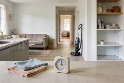 Kitchen and living area with a vacuum, folded cloths and a small timer ready for a weekend cleaning session.