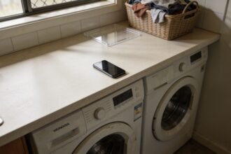Washing machine and dryer in a compact laundry, with a phone and basket of everyday clothes on the bench.