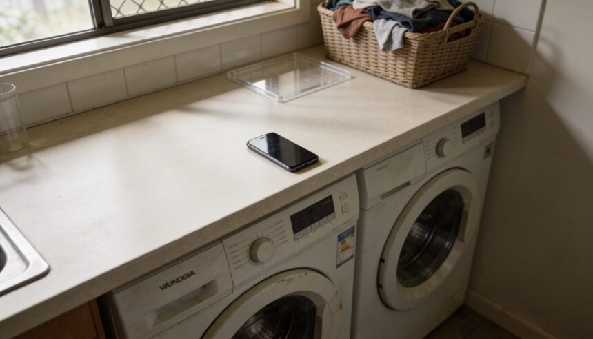 Washing machine and dryer in a compact laundry, with a phone and basket of everyday clothes on the bench.