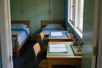 Two compact desks with separate work trays and chairs in a bedroom shared by two children.