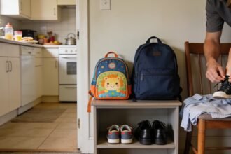 An adult helps a young child with a shoe beside preschool and school bags prepared for the morning.