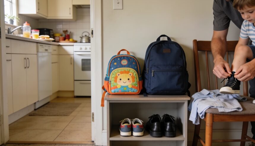 An adult helps a young child with a shoe beside preschool and school bags prepared for the morning.