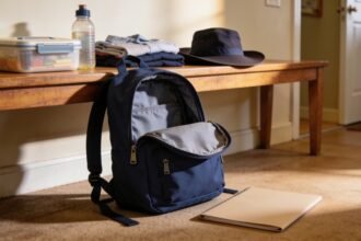 A small open school backpack beside a lunchbox, bottle, hat, spare clothes and folder on a hallway bench.