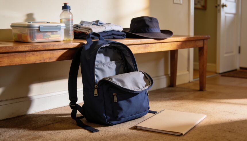A small open school backpack beside a lunchbox, bottle, hat, spare clothes and folder on a hallway bench.