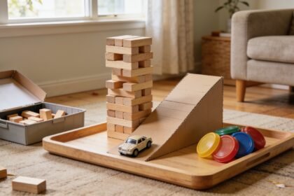 Wooden blocks, a cardboard ramp, a toy car and bottle lids arranged on a tray on a living room floor.