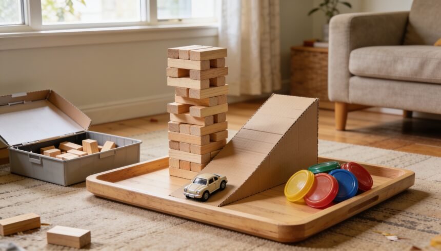 Wooden blocks, a cardboard ramp, a toy car and bottle lids arranged on a tray on a living room floor.