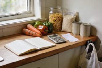 Everyday groceries beside a notebook, calculator and receipt on a kitchen bench for weekly meal planning.