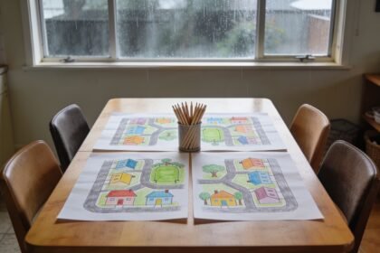 Four sheets of neighbourhood drawings and shared pencils on a family table beside a rain-streaked window.
