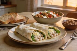 Bean and cheese wraps beside chickpea, tomato and feta salad on an everyday kitchen table.