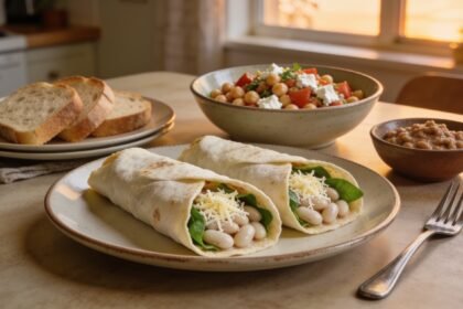 Bean and cheese wraps beside chickpea, tomato and feta salad on an everyday kitchen table.