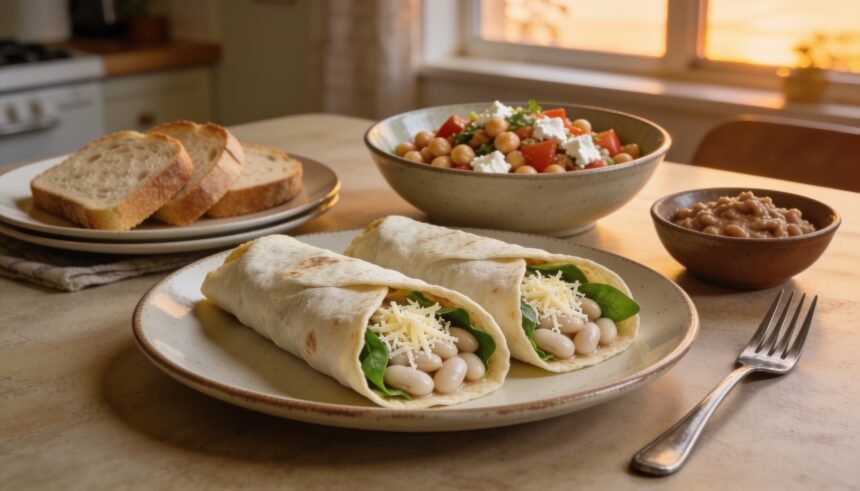Bean and cheese wraps beside chickpea, tomato and feta salad on an everyday kitchen table.