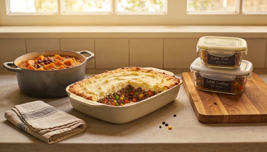 Lentil cottage pie and pumpkin bean stew beside meal containers on a kitchen bench.