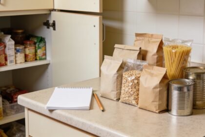 Pantry groceries grouped on a kitchen bench for a stock check beside an open cupboard.
