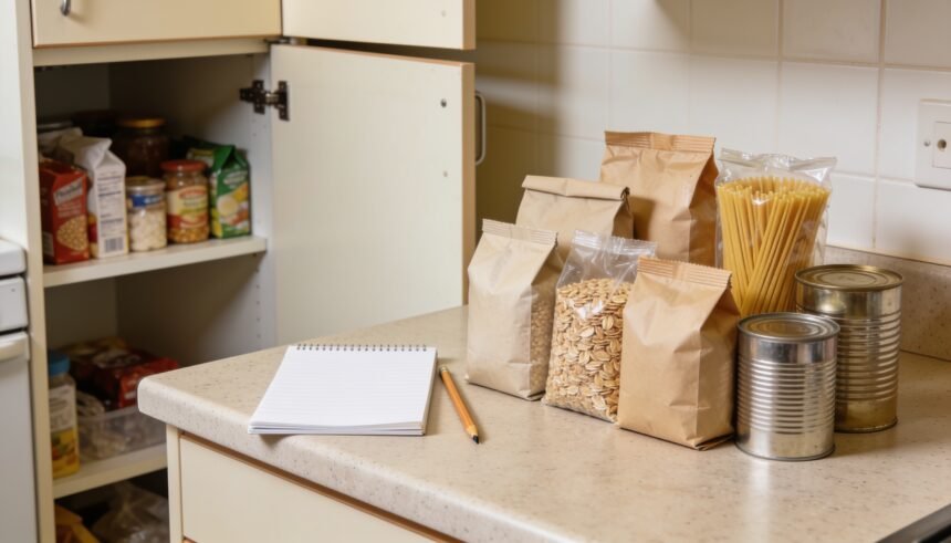 Pantry groceries grouped on a kitchen bench for a stock check beside an open cupboard.