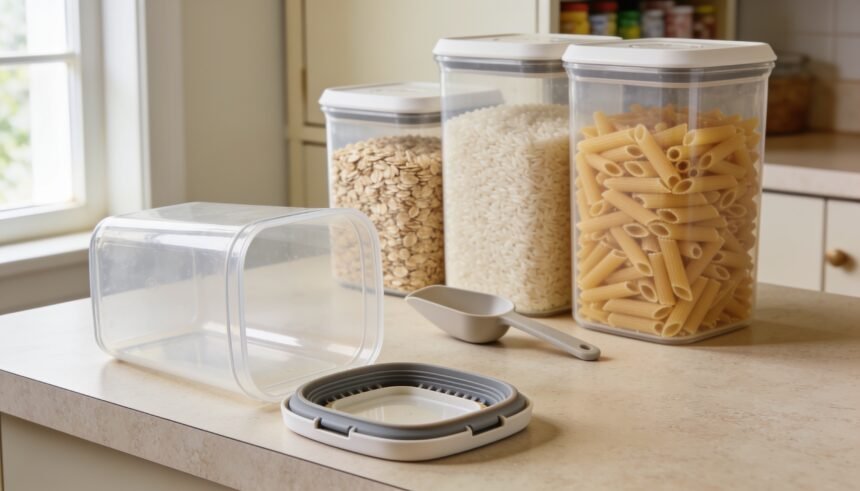 Pantry containers beside an empty tub and matching lid with a visible silicone gasket.