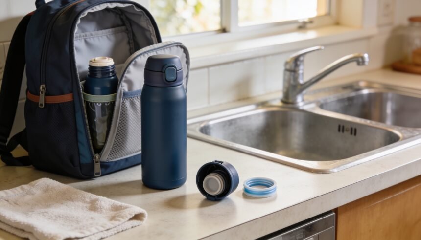 Closed kids' drink bottle beside a school bag, with a separate lid and silicone seal ready for checking.