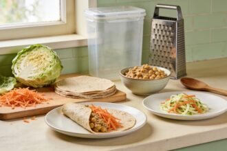 Shared cabbage, carrot and chickpea ingredients beside simple wraps and a vegetable noodle dinner.