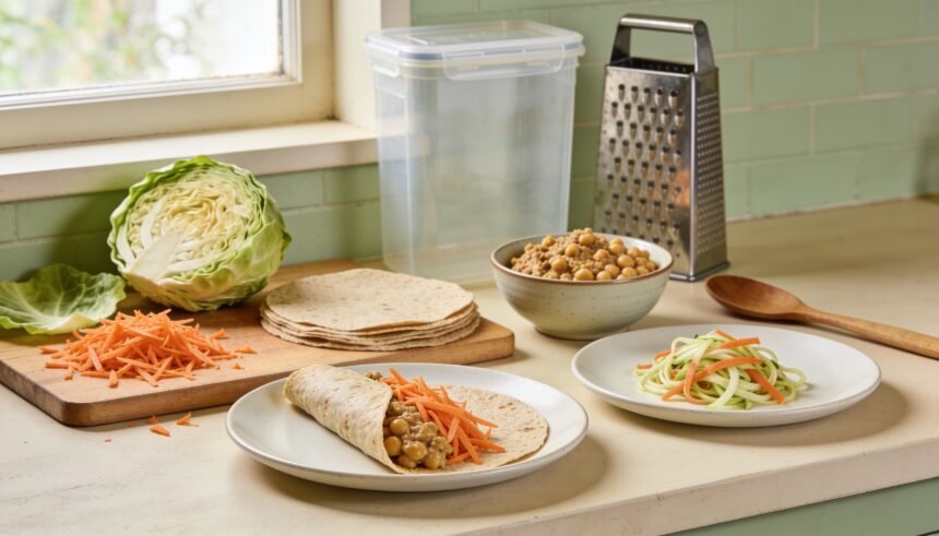 Shared cabbage, carrot and chickpea ingredients beside simple wraps and a vegetable noodle dinner.