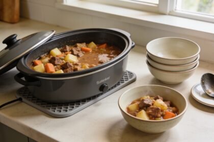 Slow cooker holding a potato, carrot and beef casserole beside a filled bowl and family serving bowls.