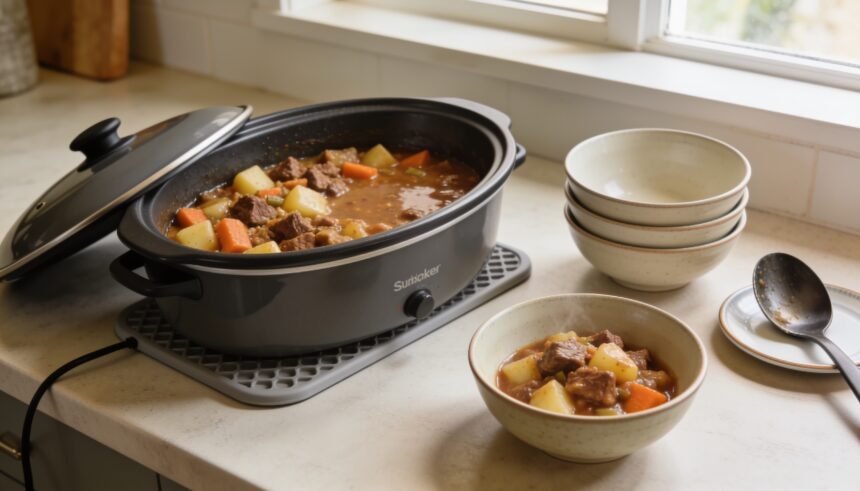 Slow cooker holding a potato, carrot and beef casserole beside a filled bowl and family serving bowls.