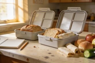 Two open lunchboxes beside bread, wraps, rolls, fruit and a closed notebook on a kitchen bench.