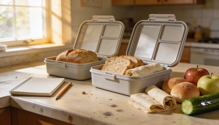 Two open lunchboxes beside bread, wraps, rolls, fruit and a closed notebook on a kitchen bench.