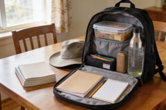Open school backpack beside a lunchbox, bottle, hat, pencil case and books, with classroom supplies stacked separately.