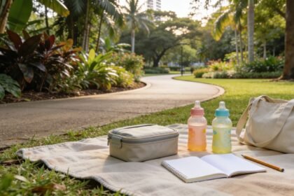 Picnic supplies and a child's sketchbook beside a leafy path in a Brisbane-style subtropical garden.