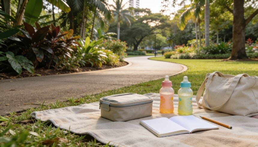 Picnic supplies and a child's sketchbook beside a leafy path in a Brisbane-style subtropical garden.
