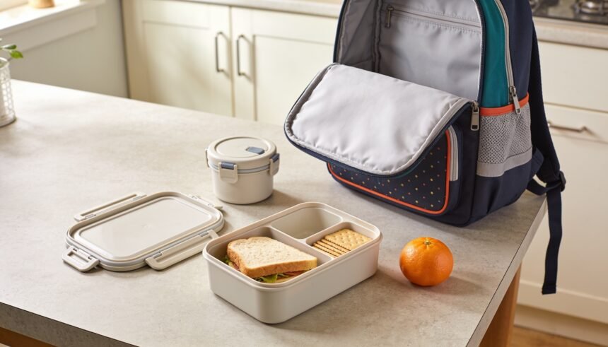 Compartment lunchbox and closed snack pot arranged beside a lunch bag and school backpack.