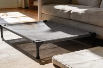 Raised open-weave dog bed and flat padded mattress placed in a shaded living room.