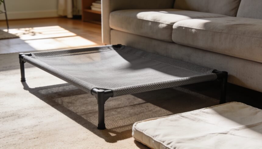 Raised open-weave dog bed and flat padded mattress placed in a shaded living room.