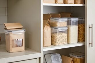 Pantry with dry groceries in original packets and fitted-lid containers, with unopened spares stored separately.