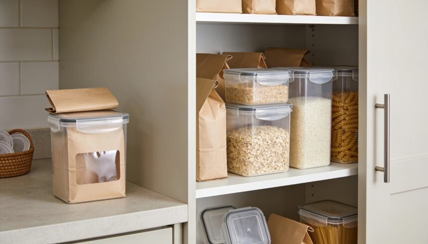 Pantry with dry groceries in original packets and fitted-lid containers, with unopened spares stored separately.