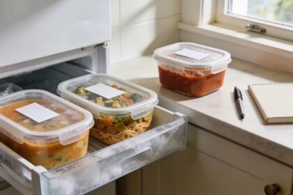Labelled containers of cooked meals in an open freezer drawer with one portion on the kitchen bench.