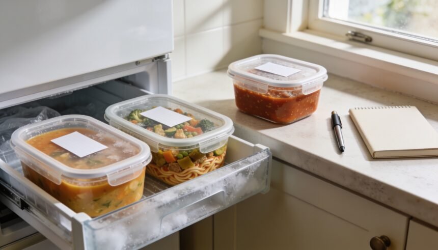 Labelled containers of cooked meals in an open freezer drawer with one portion on the kitchen bench.