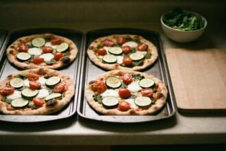 Vegetable flatbread pizzas on baking trays beside salad leaves on a home kitchen bench.